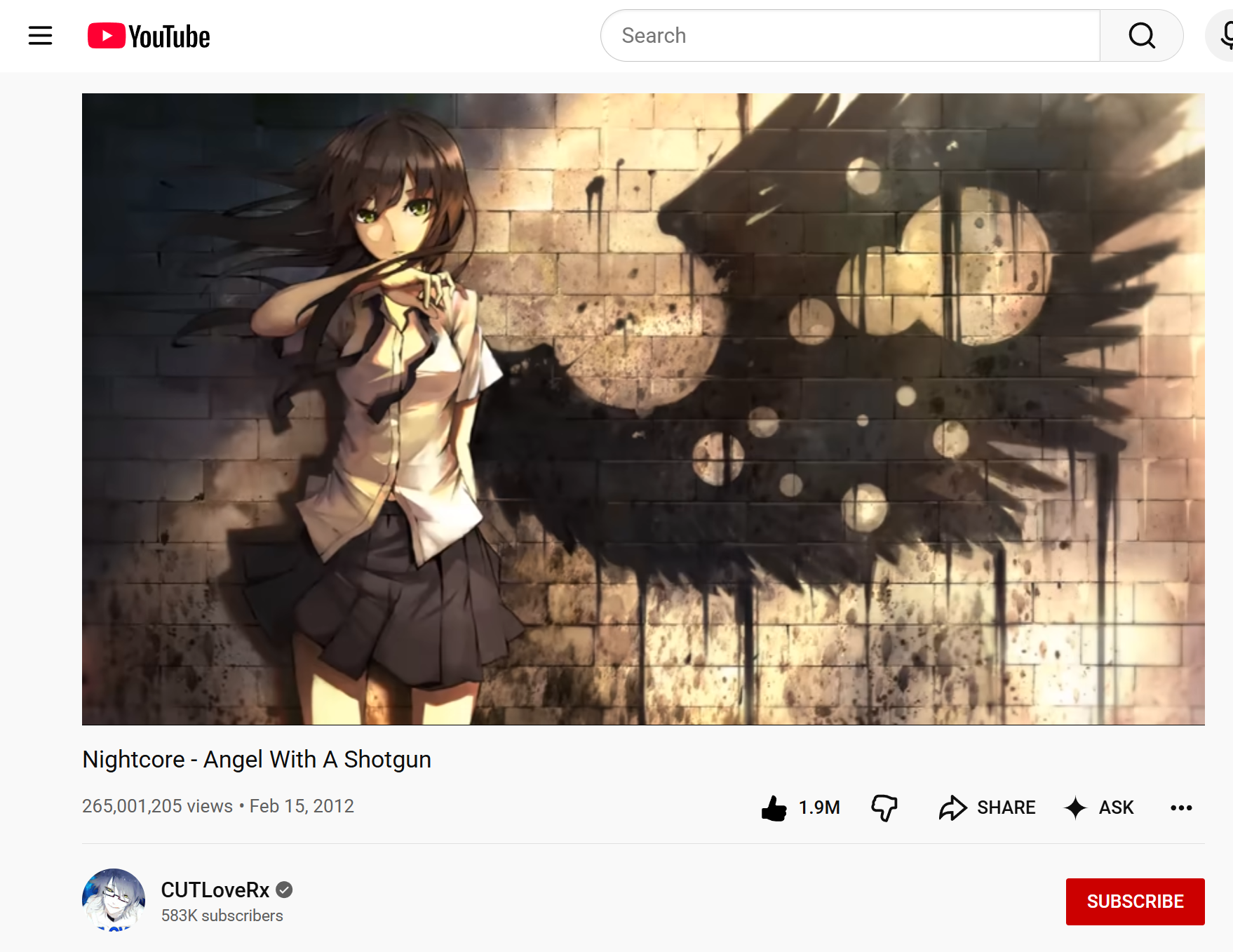 Screenshot of Angel With A Shotgun Nightcore video on YouTube.