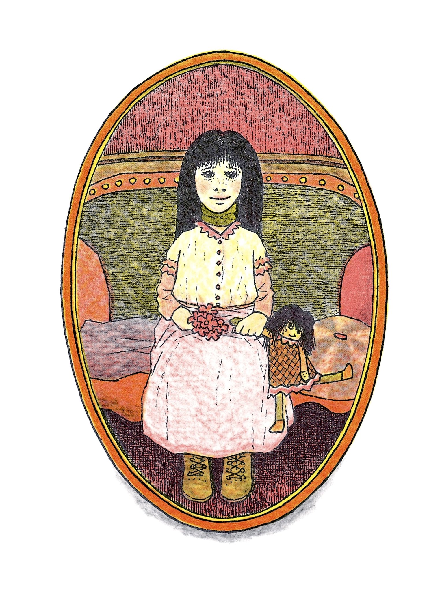 Illustration from In a Dark Dark Room of the girl with the green ribbon.