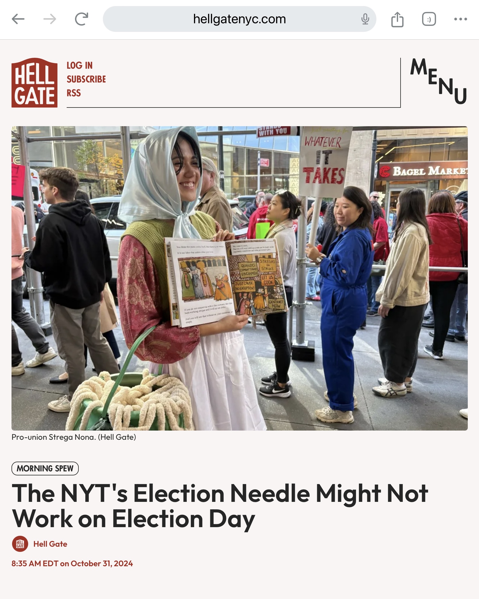 Hell Gate post with a photo of Heidi Erwin as Strega Nona in front of The New York Times building.