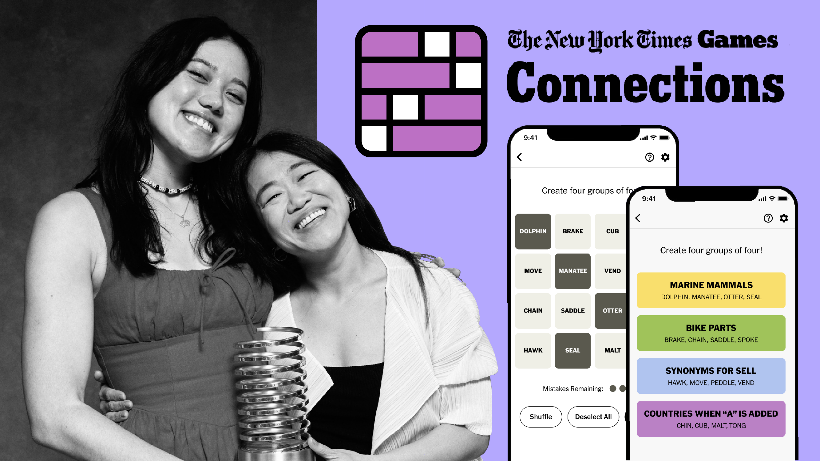 Connections Cover Image: Heidi Erwin and Wyna Liu hold Webby award. Images of the mobile version of the game with an unsolved and solved puzzle.