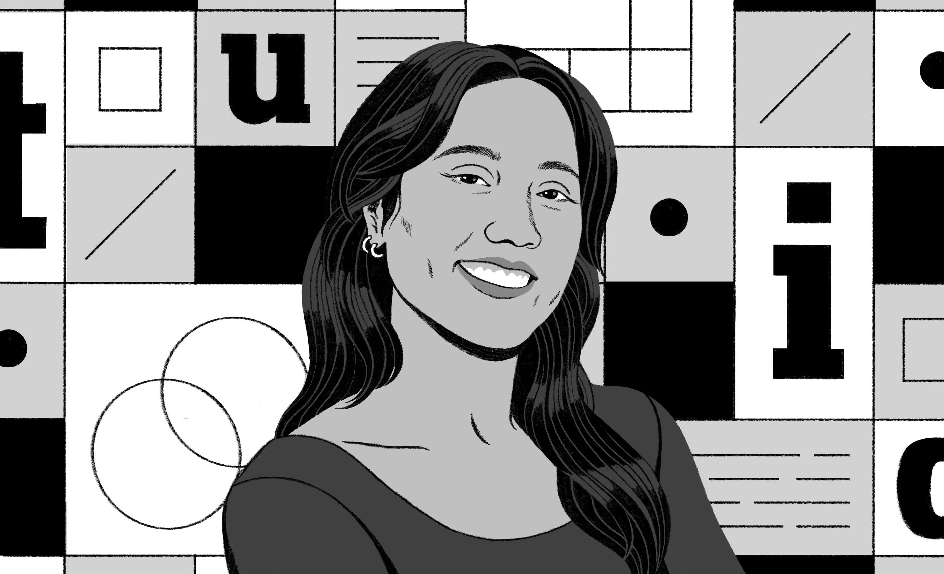 Black and white cartoon illustration of Heidi Erwin.