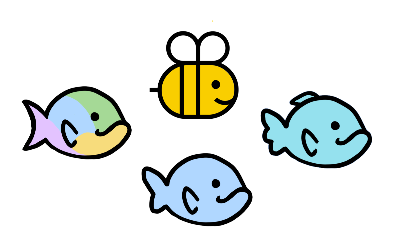 Three colored cartoon grouper fish in the style of the NYT Spelling Bee bee Beeatrice. Beeatrice also pictured.