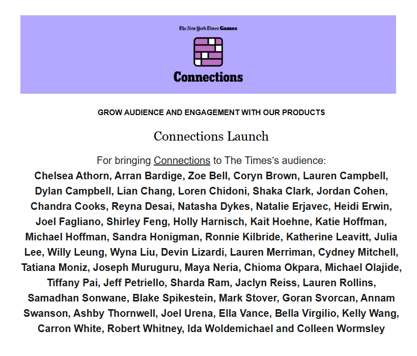 New York Times Games Publisher's Award for the Connections Launch, recognizing the team for bringing Connections to The Times's audience.