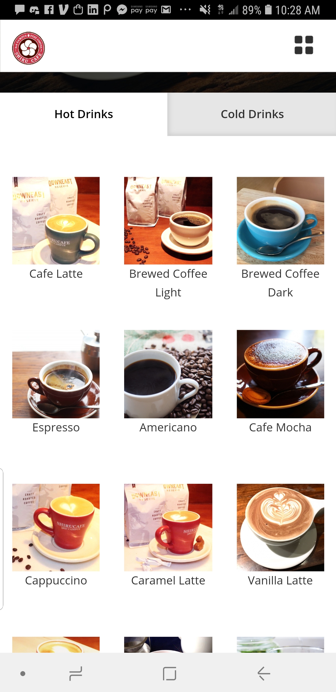 Shiru Cafe Mobile Drink Selection Screen
